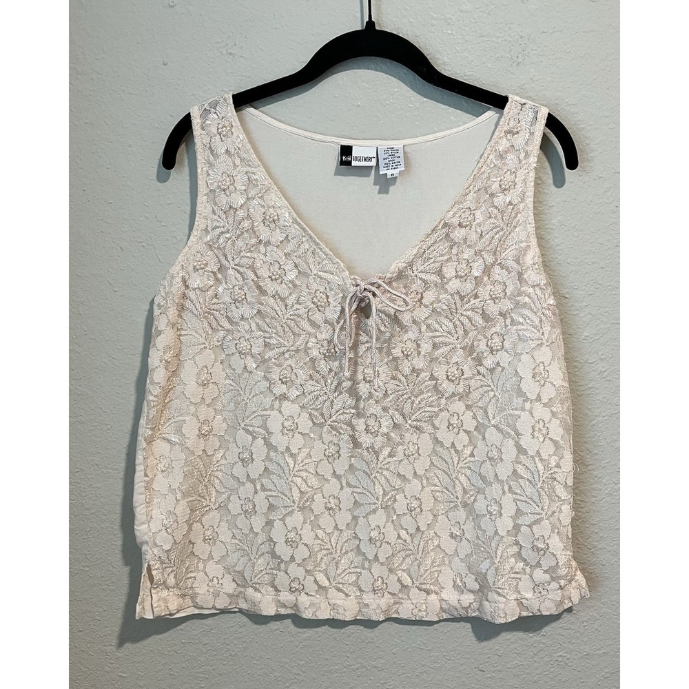 Vintage 90s Together Tank Top Size 8 Light Pink Beaded Floral Balletcore Lace Up